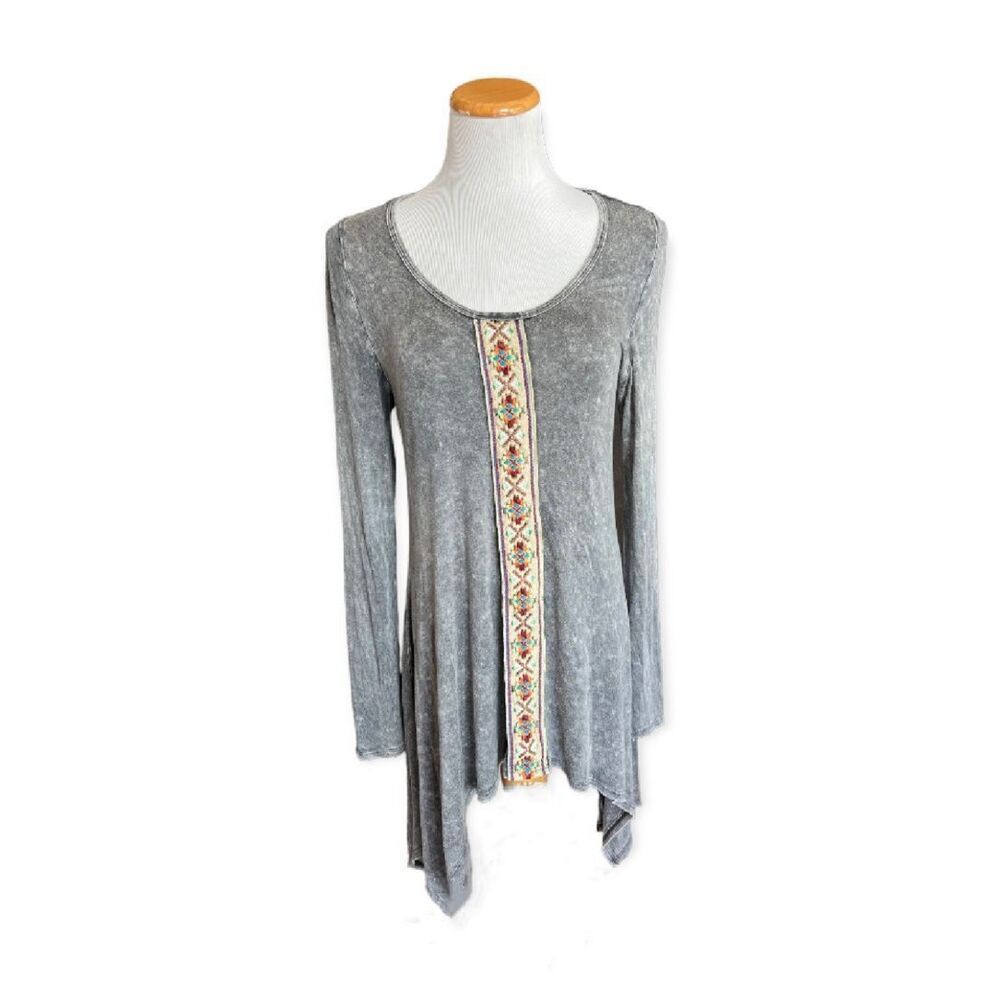 Womens Vintage Havanna Embroidered Distressed Sharkbite Top Tunic - Sz M